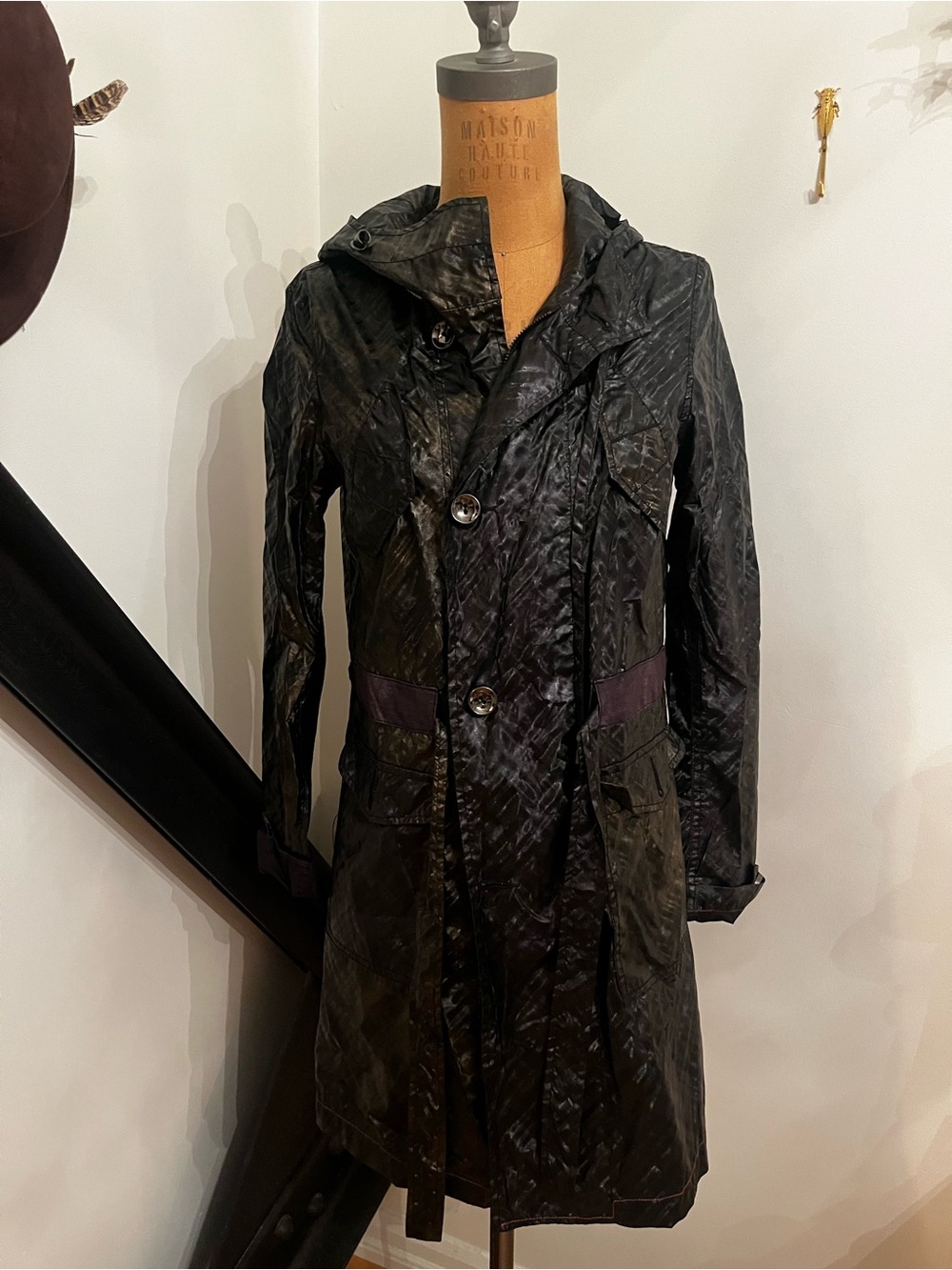 Gusto Spain- Black metallic Hooded Trench Coat with Button Front